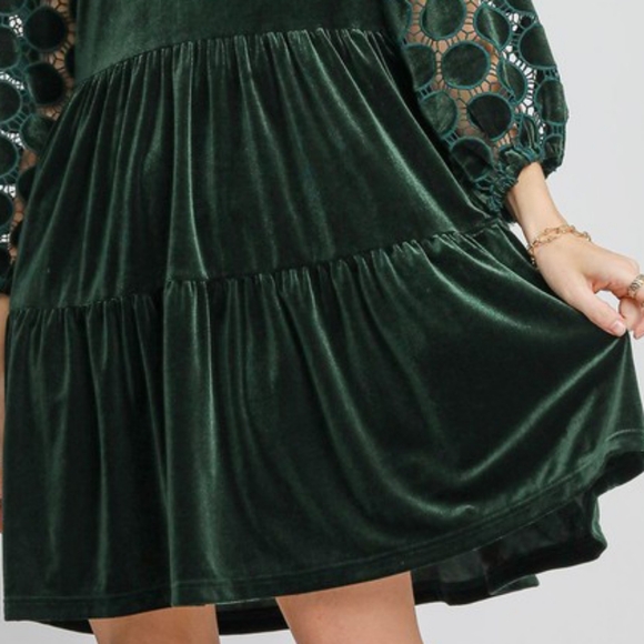 Umgee Lace Velvet Sheer Polka-dot Boho Babydoll Ruffle Long Sleeve Mini Dress - Picture 10 of 14